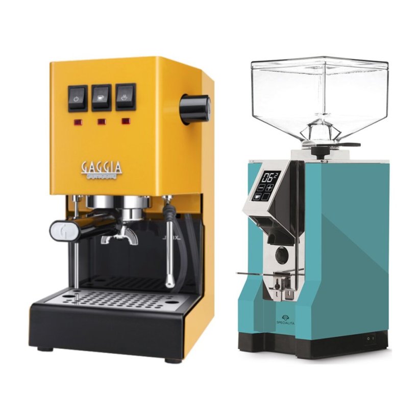 Gaggia Classic E24, žlutá + Eureka Mignon Specialita, CR Tiffany blue