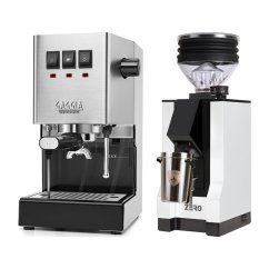 Gaggia Classic E24, stříbrná + Eureka Mignon Zero, BL white