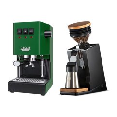 Gaggia Classic E24, zelená + Eureka Mignon Single Dose PRO, Black & Oak
