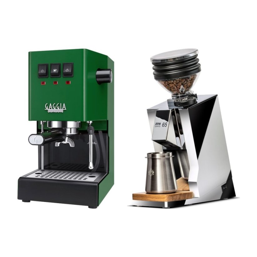Gaggia Classic E24, zelená + Eureka Mignon Zero 65 Speedy ALL PURPOSE chrome