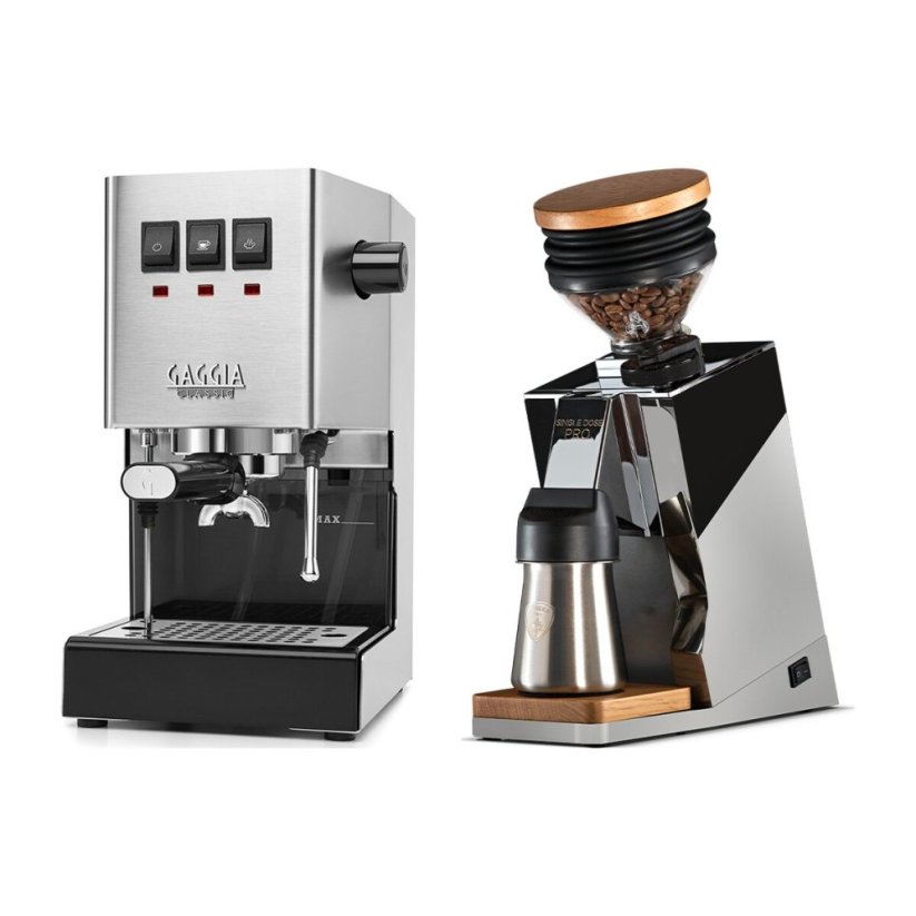 Gaggia Classic E24, stříbrná + Eureka Mignon Single Dose PRO, Chrome & Oak