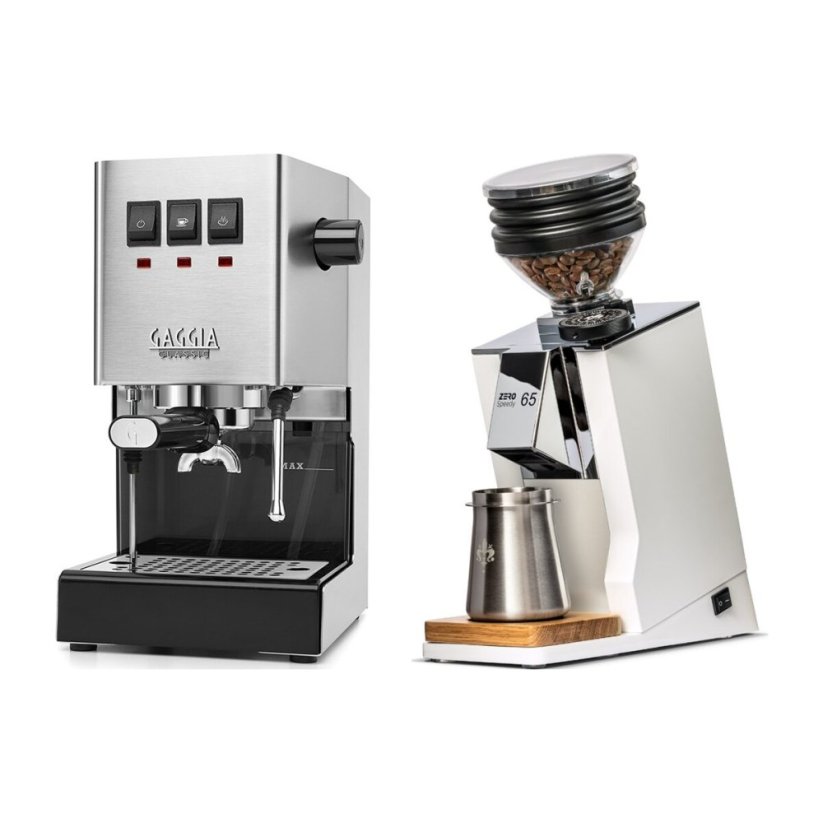 Gaggia Classic E24, stříbrná + Eureka Mignon Zero 65 Speedy ALL PURPOSE white