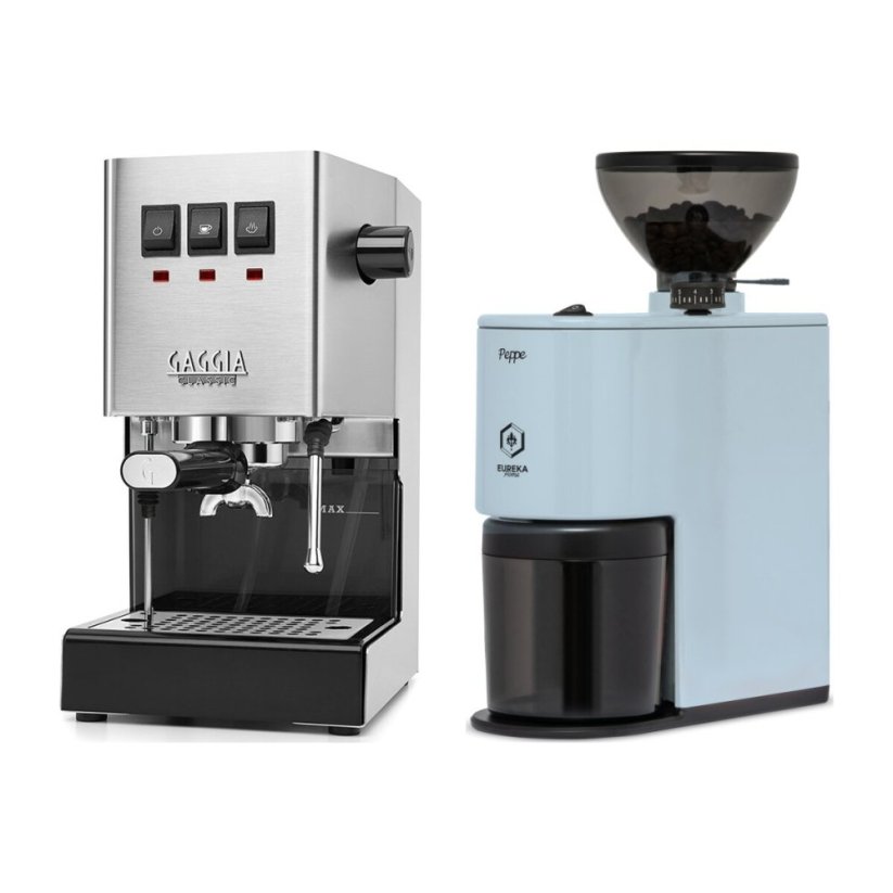 Gaggia Classic E24, stříbrná + Eureka Peppe, Light blue