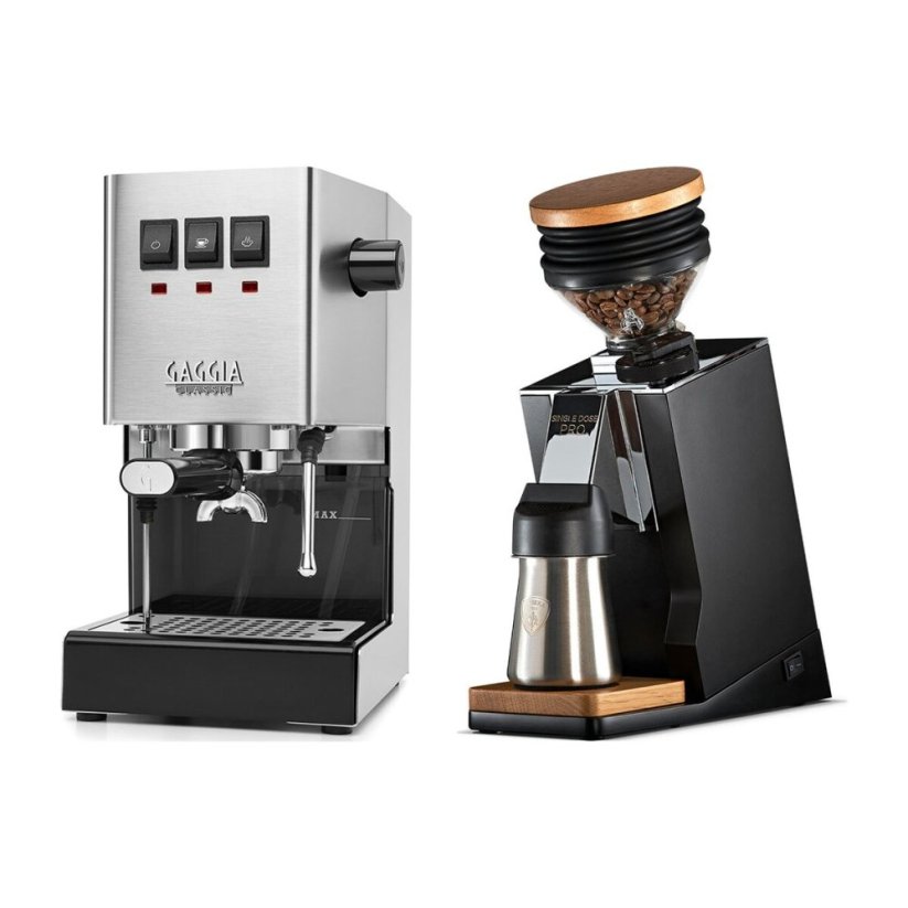 Gaggia Classic E24, stříbrná + Eureka Mignon Single Dose PRO, Black & Oak