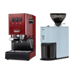 Gaggia Classic E24, červená + Eureka Peppe, Light blue
