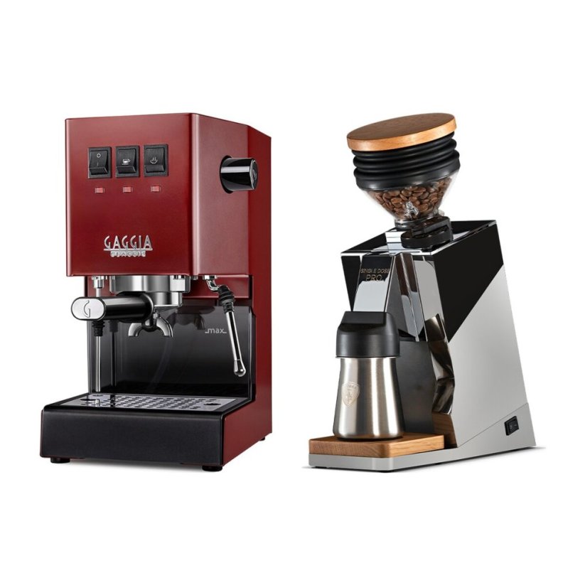 Gaggia Classic E24, červená + Eureka Mignon Single Dose PRO, Chrome & Oak