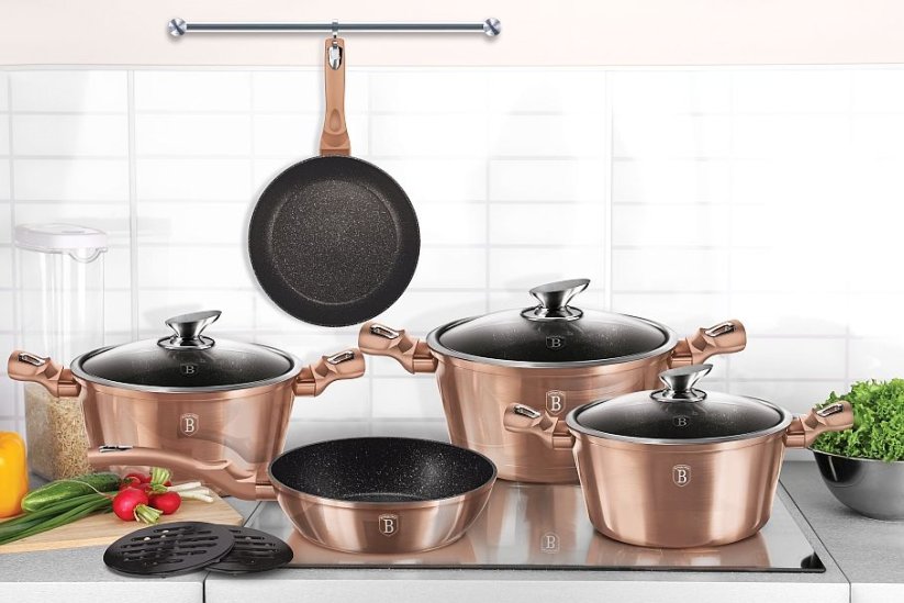 BERLINGERHAUS Pánev hluboká s mramorovým povrchem a poklicí 28 cm Rosegold Metallic Line