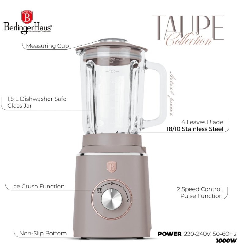 BERLINGERHAUS Stolní mixér se skleněnou nádobou 1,5 L 1000 W Taupe Collection