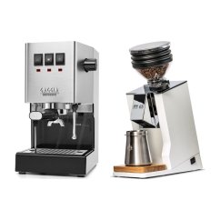 Gaggia Classic E24, stříbrná + Eureka Mignon Zero 65 Speedy ALL PURPOSE white