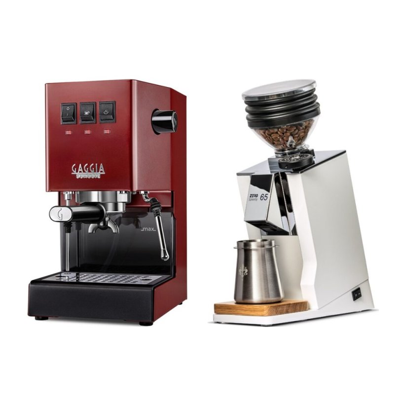 Gaggia Classic E24, červená + Eureka Mignon Zero 65 Speedy ALL PURPOSE white