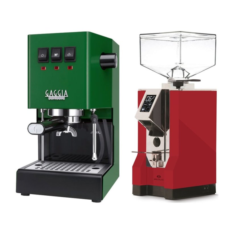 Gaggia Classic E24, zelená + Eureka Mignon Specialita, CR Ferrari red
