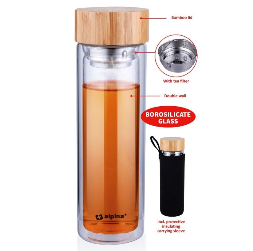 ALPINA Skleněná láhev termoska borosilikátové sklo 450 ml