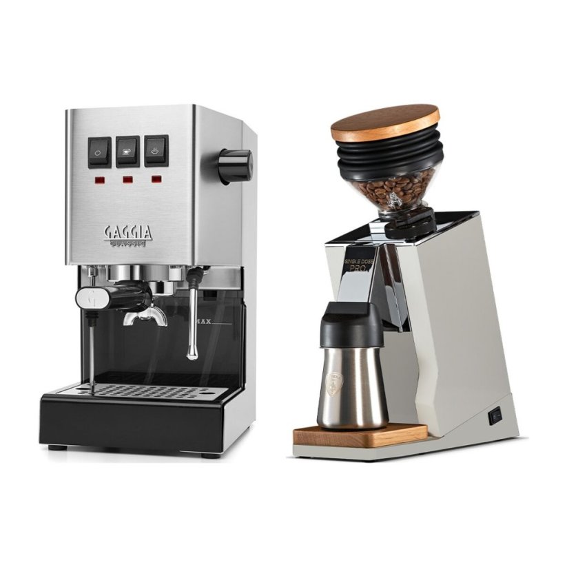 Gaggia Classic E24, stříbrná + Eureka Mignon Single Dose PRO, White & Oak