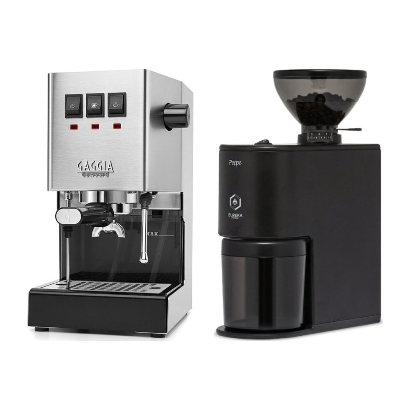 Gaggia Classic E24, stříbrná + Eureka Peppe, Matt black