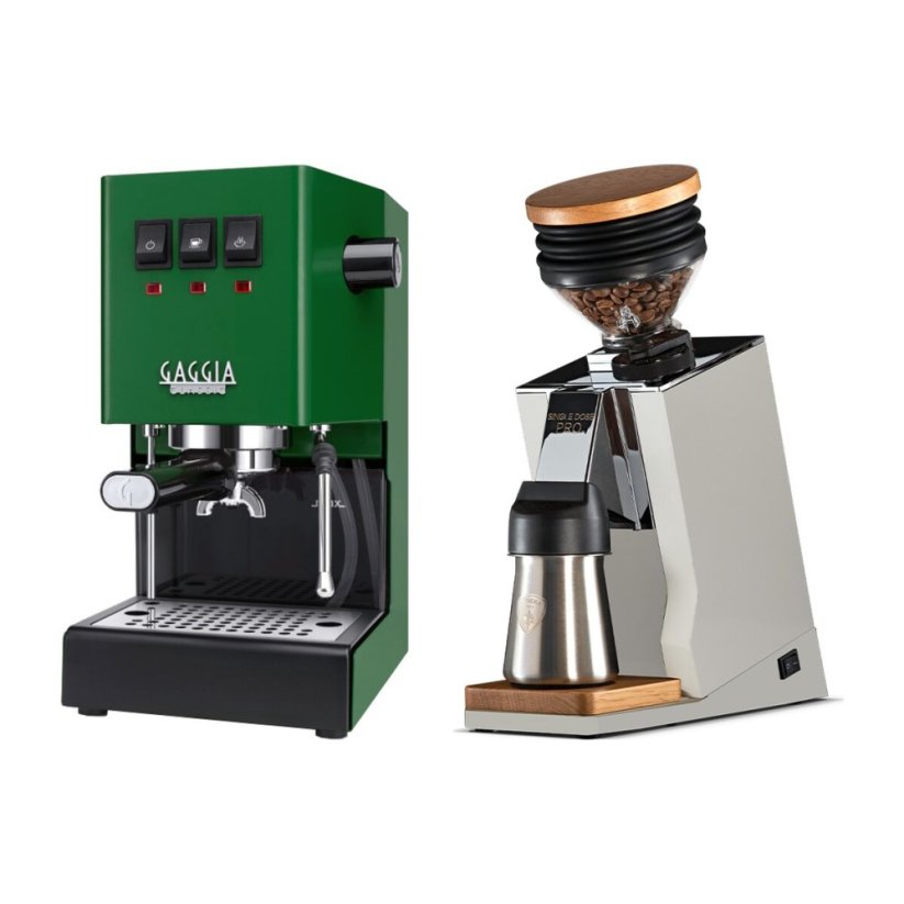 Gaggia Classic E24, zelená + Eureka Mignon Single Dose PRO, White & Oak